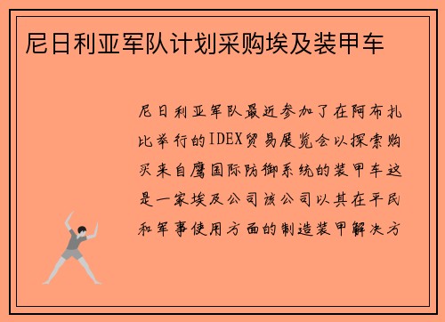 尼日利亚军队计划采购埃及装甲车