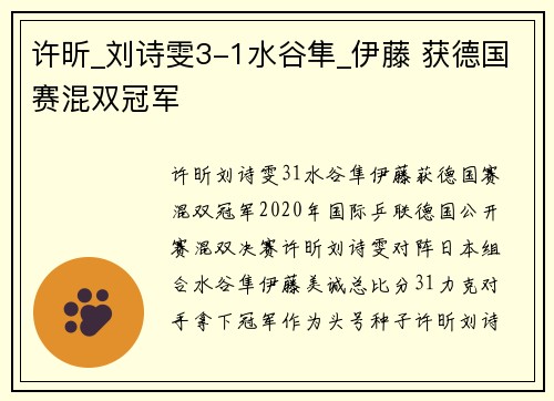 许昕_刘诗雯3-1水谷隼_伊藤 获德国赛混双冠军