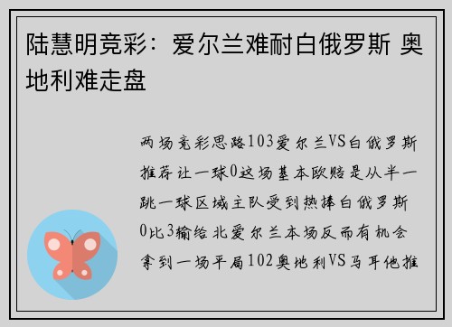 陆慧明竞彩：爱尔兰难耐白俄罗斯 奥地利难走盘